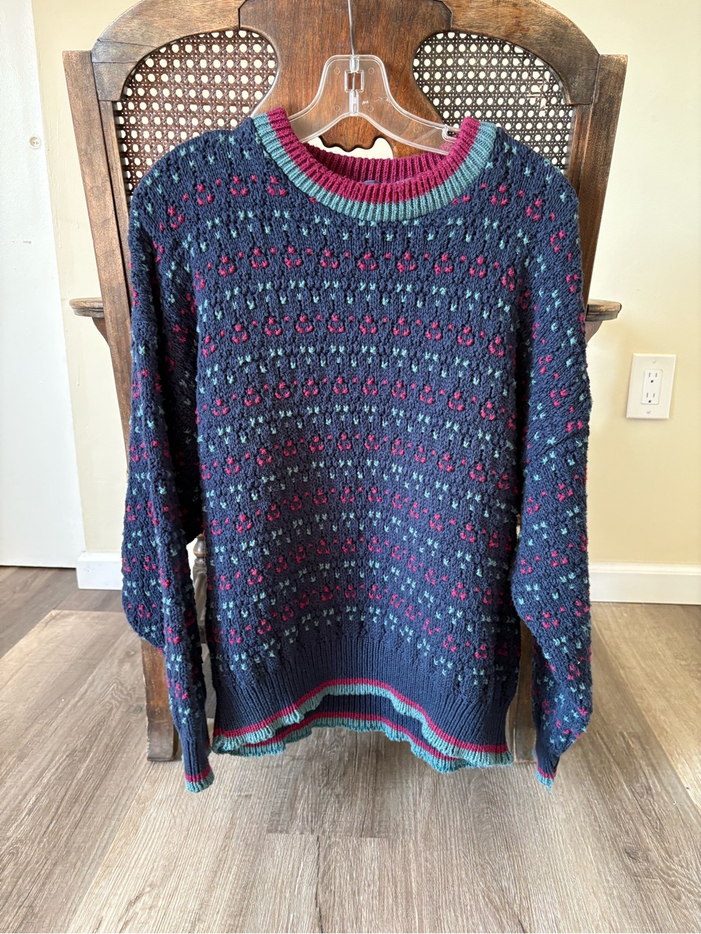 Men's Crewneck Sweater in Navy with Pink & Teal Accents